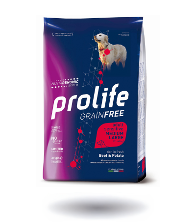 PROLIFE CANE GRAIN FREE SENS. ADULT Medium Large MANZO & PATATE KG. 10